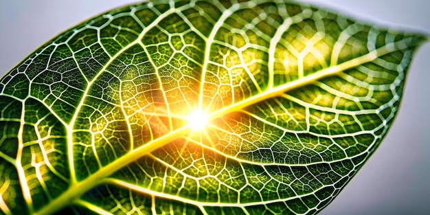 Photo closeup of a glowing digital leaf with intricate veins symbolizing sustainability and human rights