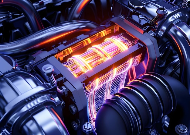 Closeup of glowing engine with intricate details