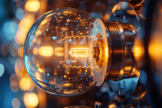 Photo closeup of a glowing filament quantum computing inside a light bulb with a blurred blue background