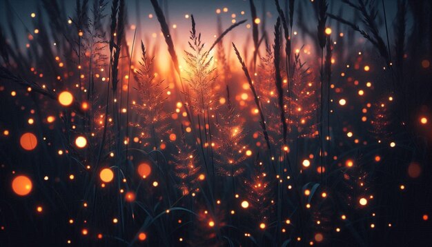 Photo closeup of glowing fireflies among tall grass at summer dusk capturing the magic of twilight in 8k