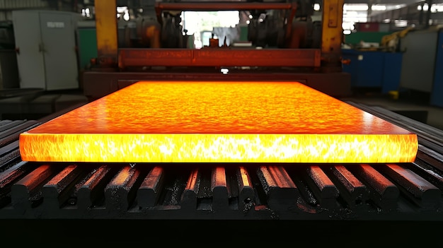 Closeup of a glowing hot metal sheet moving along a conveyor belt in a factory