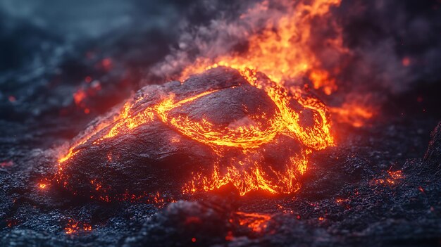 A closeup of a glowing hot rock with flames and smoke rising from it