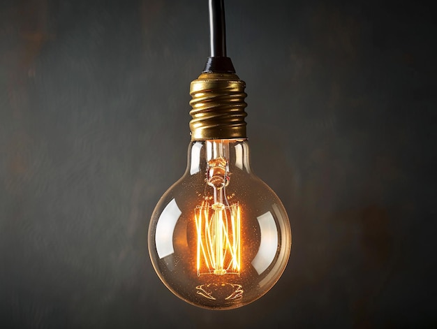 Closeup of a glowing incandescent light bulb suspended against a dark background its filament radiating a warm inviting glow