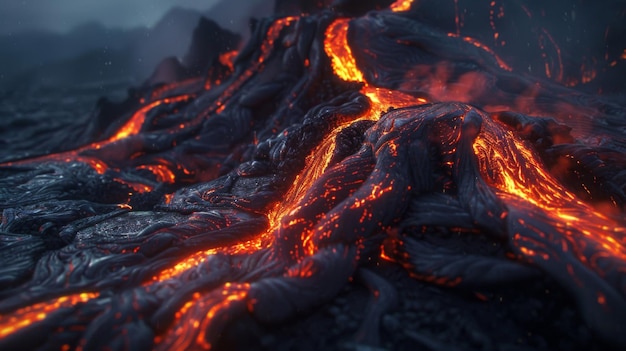 Closeup of glowing lava flowing down the slopes of an active volcano illuminating the dark landscape with its intense heat