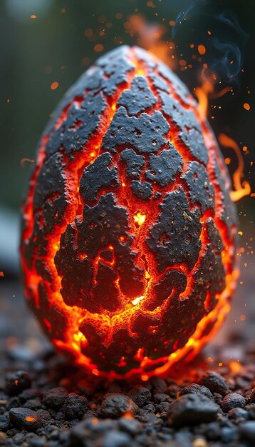 Photo closeup of glowing lava rock against dark background highlights intense heat and natural textures