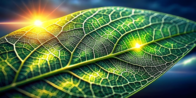 CloseUp of a Glowing Leaf with Digital Veins Symbolizing Sustainability and Human Rights Macro Ph