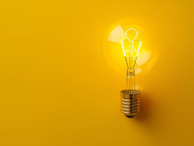 Photo closeup of a glowing light bulb against a solid yellow background symbolizing ideas innovation and c