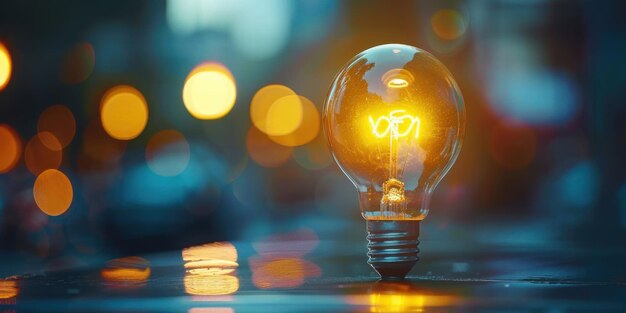 Closeup of a glowing light bulb with a beautiful bokeh effect in the background creating a warm ambiance