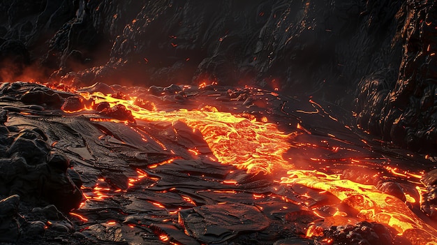 Closeup of glowing molten lava flowing over cooled volcanic rock