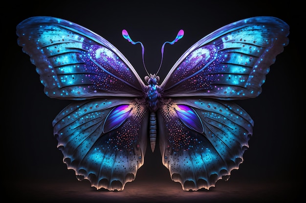 Closeup glowing neon blue and purple butterfly isolated on black background Generative AI