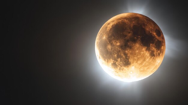 A closeup of a glowing orange moon against a dark sky showcasing lunar details