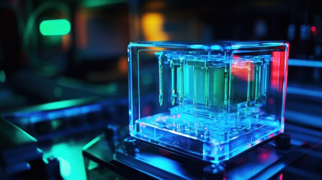 A closeup of a glowing quantum chip encased in a glass container illuminated by neon blue and green lights showcasing the core of quantum computing