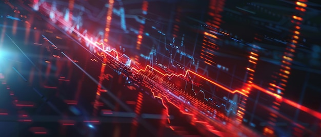 Closeup of a glowing red arrow ascending on a holographic financial graph