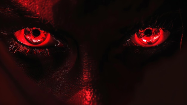 Photo closeup of glowing red demonic eyes in the dark concept of horror supernatural danger eerie halloween