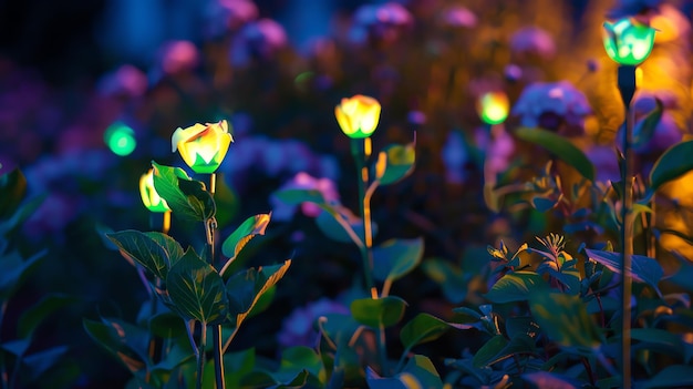 Photo a closeup of glowing roseshaped solar lights in a garden at dusk