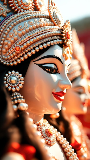 Closeup of a Goddess Statue with Intricate Jewelry