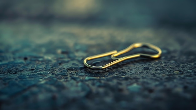 Photo closeup of a gold carabiner on a wet concrete surface the carabiner is a small pearshaped metal clip with a springloaded gate