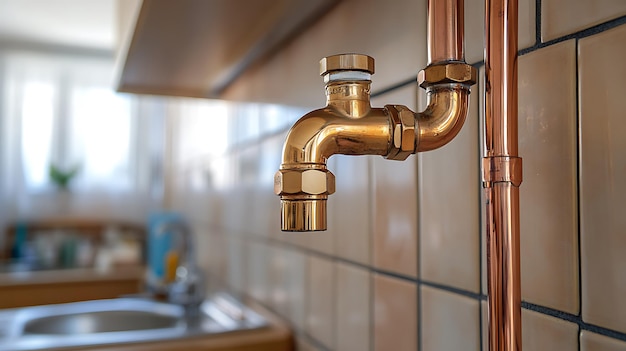 Photo a closeup of a gold faucet on a tiled wall copper pipe running up to the ceiling