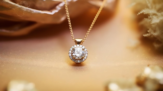 closeup gold necklace with diamonds