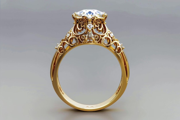 A closeup of a gold ring featuring a diamond and ornate filigree details