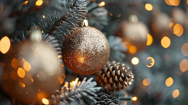 Closeup of a golden bauble and pine cone on a Christmas tree with bokeh lights