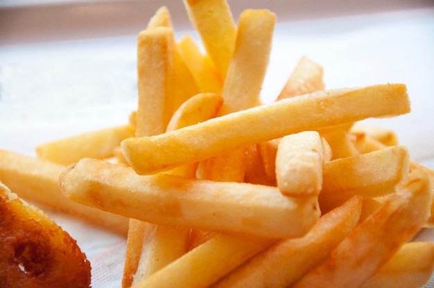 Closeup golden brown crispy american french fries