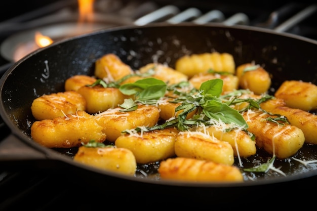 Closeup of golden brown panfried gnocchi