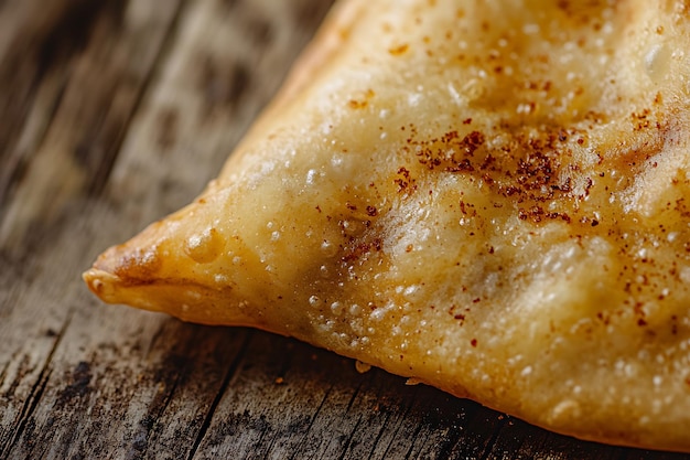 Photo closeup of a golden brown samosa on a wooden surface