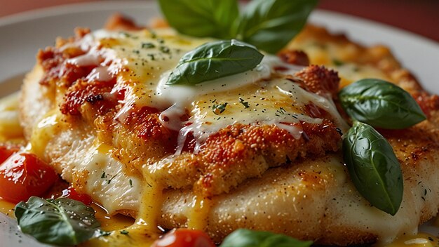 Photo closeup of golden chicken parmesan with melted cheese and fresh garnish generated ai