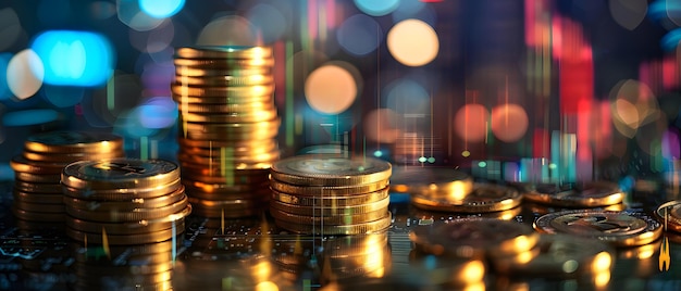 A closeup of golden coins stacked high reflecting a vibrant city lightscape in the background