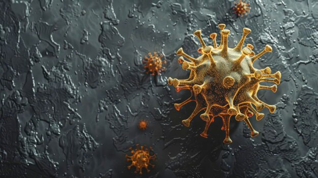 Photo closeup of a golden coronavirus on a dark textured surface