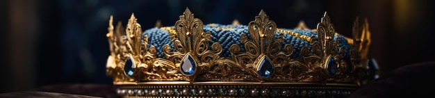 Photo closeup of a golden crown with blue gems