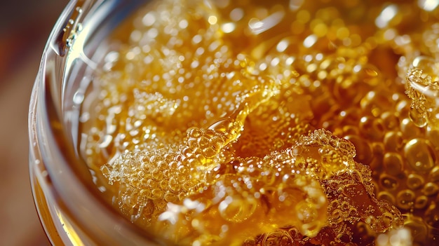 Photo closeup of golden honey in a jar bubbles and texture