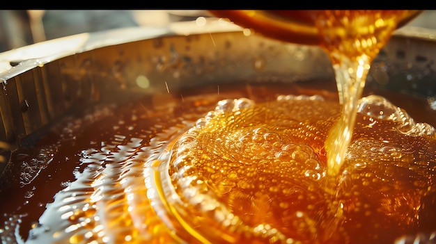 Photo closeup of golden honey pouring into a bowl creating bubbles and ripples