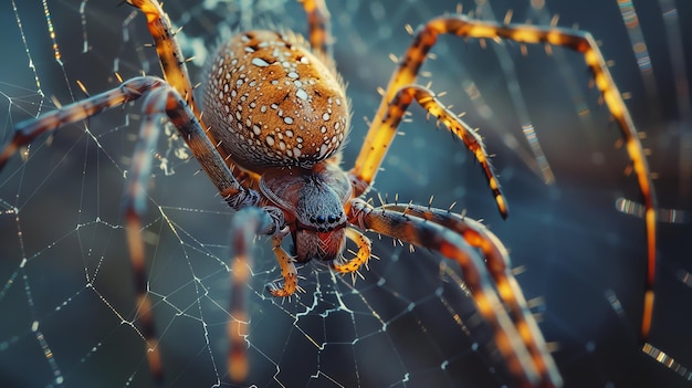 A closeup of a golden orb weaver spider on its web The spider is in focus with its many eyes and sharp fangs visible