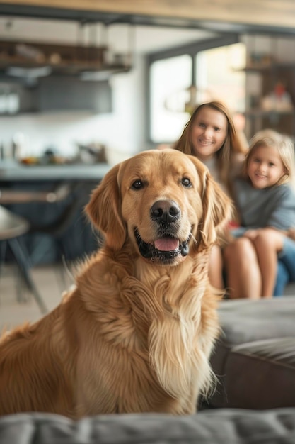 closeup of a golden retriever dog and happy family sits on the sofa in their modern living room on blur background