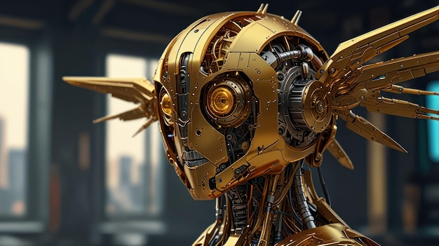 A closeup of a golden robotic head with intricate gears and wings