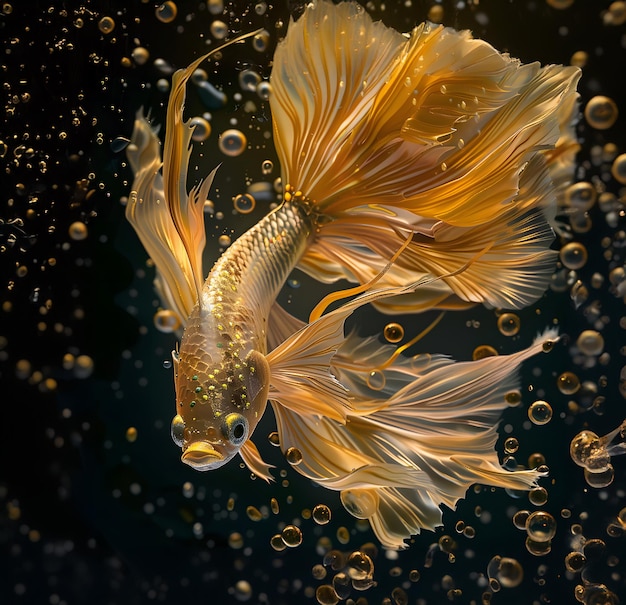 Closeup of a golden Siamese fighting fish and its beautiful flowing tail against a soft black backgr