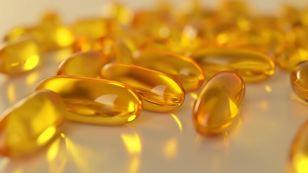 Closeup of golden softgel capsules on a reflective surface