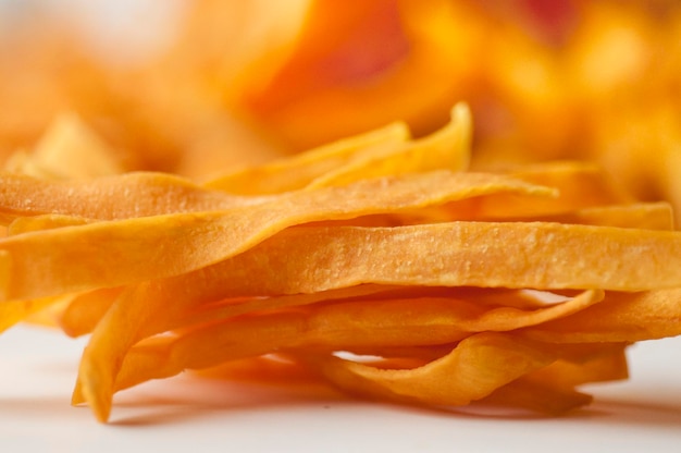 Closeup golden sweet potato fries white background french fries