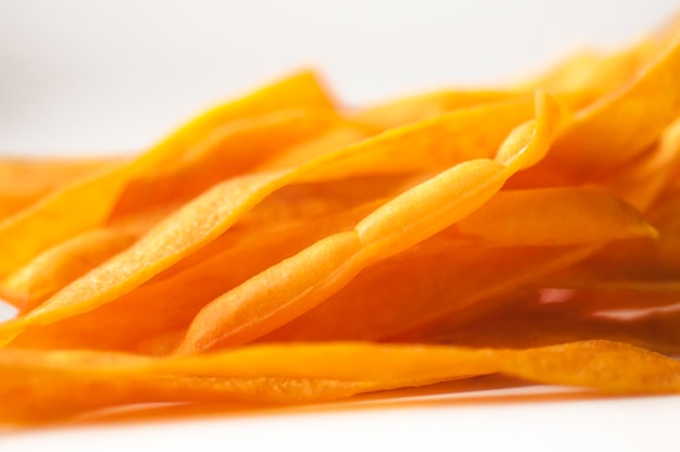 Closeup golden sweet potato fries white background french fries