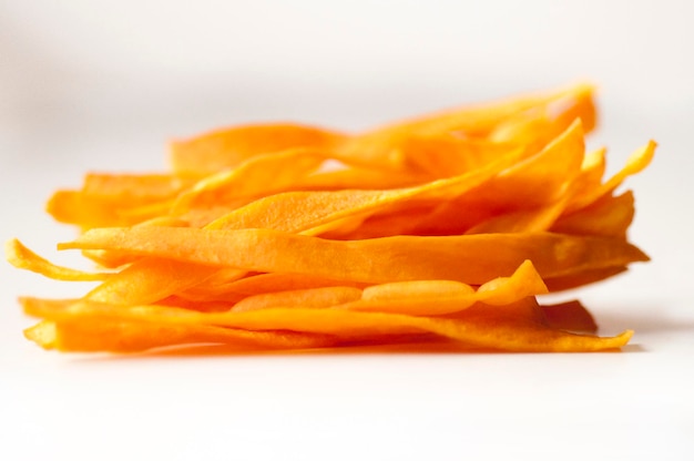 Closeup golden sweet potato fries white background french fries