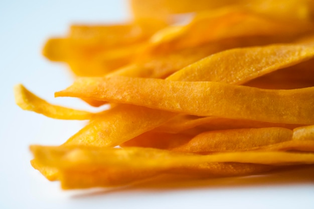 Closeup golden sweet potato fries white background french fries