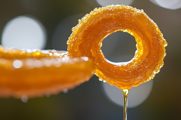 Photo closeup of golden syrup dripping from a sweet treat