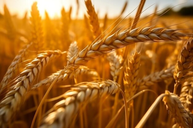 Closeup of golden wheat ears Generative Ai