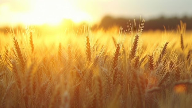 Closeup of golden wheat ears harvest concept endless wheat field on late summer morning time