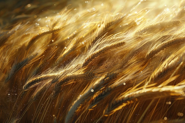 Photo closeup of golden wheat stalks illuminated by warm summer sunlight showcasing intricate texture enhancing the depth and richness of grain texture in a digital artwork