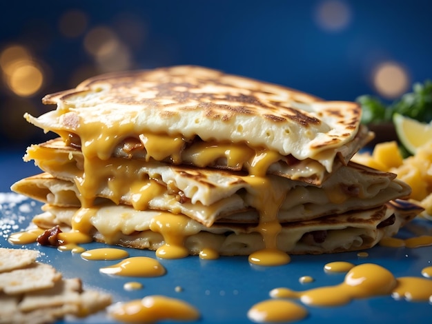 A closeup of goldenbrown quesadillas with melted cheese oozing out against a solid blue background