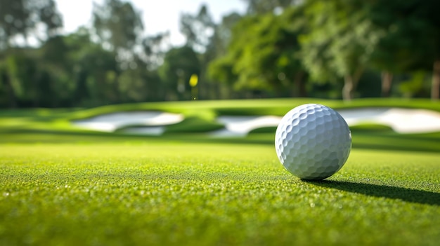 Closeup of a golf ball on a putting green with the pin and green in the background