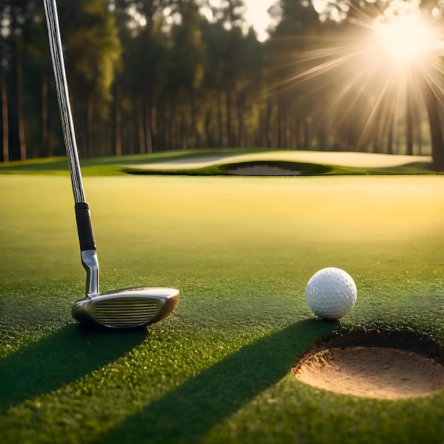 a closeup of golf balls and clubs on the lawn of a golf course